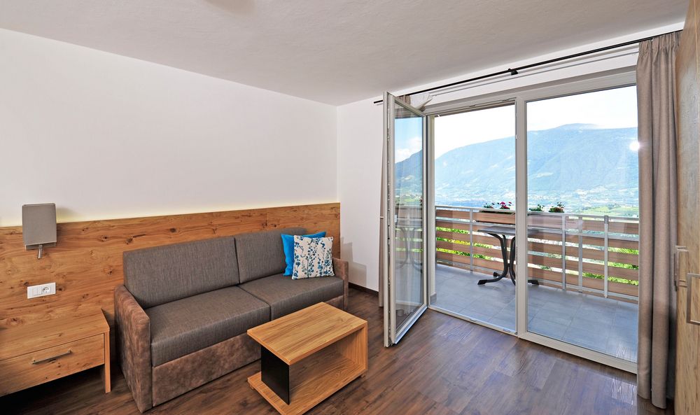 Helles Wohnzimmer mit grauem Sofa, Holzmöbeln und Balkon mit Bergblick.